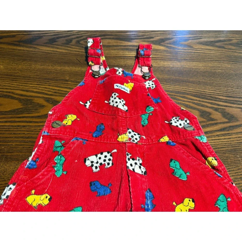 Vintage 90s Carters Red Corduroy Dog Print Overalls Kids 2T Dalmatian Bibs